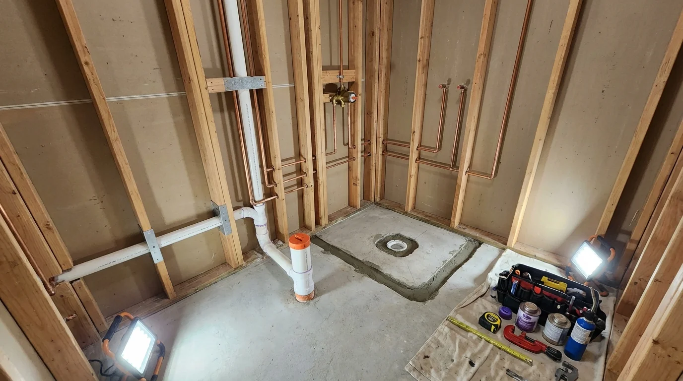 Bathroom rough-in plumbing during remodel by Johns Plumbing LLC in Gibson City
