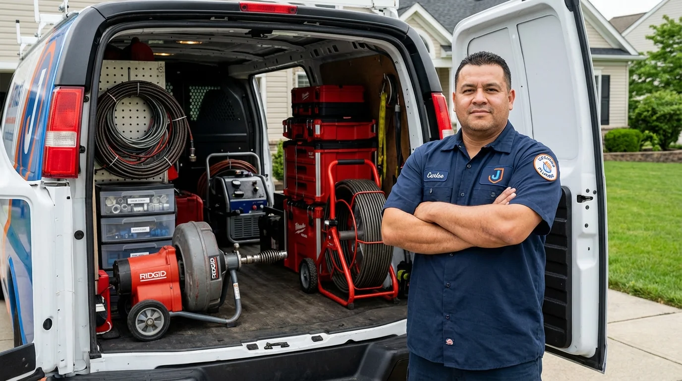 Professional drain cleaning equipment and Johns Plumbing LLC plumber in Gibson City