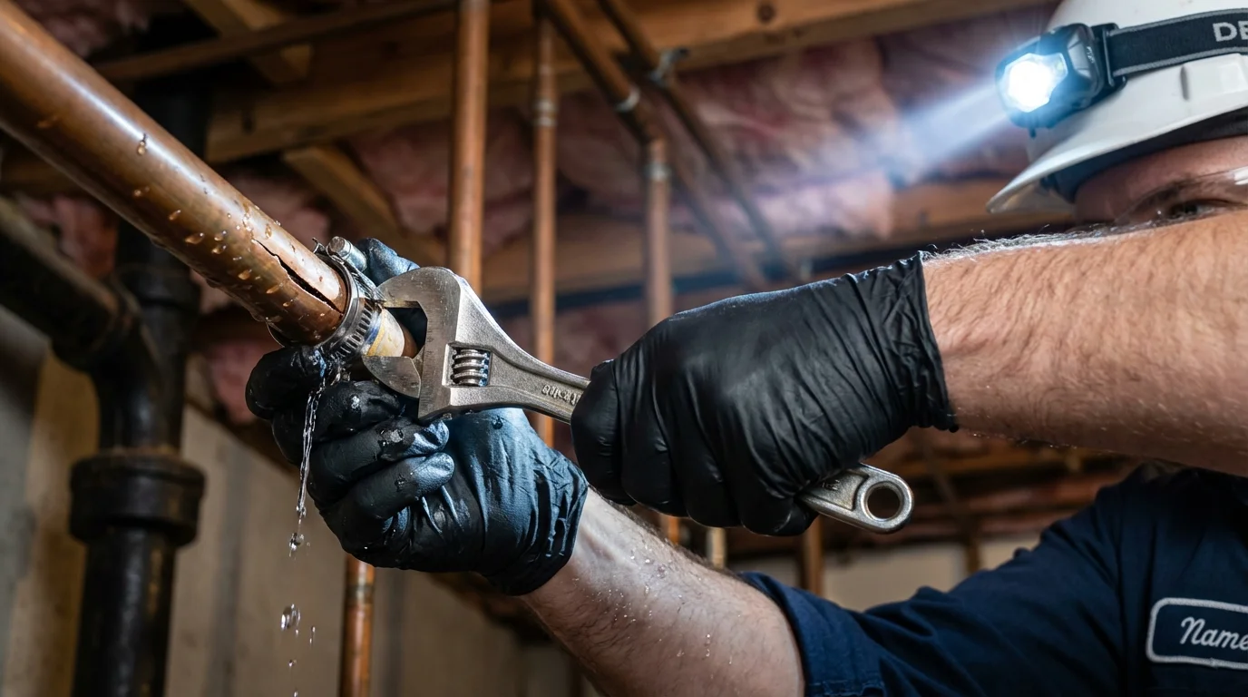 Emergency pipe clamp repair being performed by a Johns Plumbing LLC plumber in Gibson City