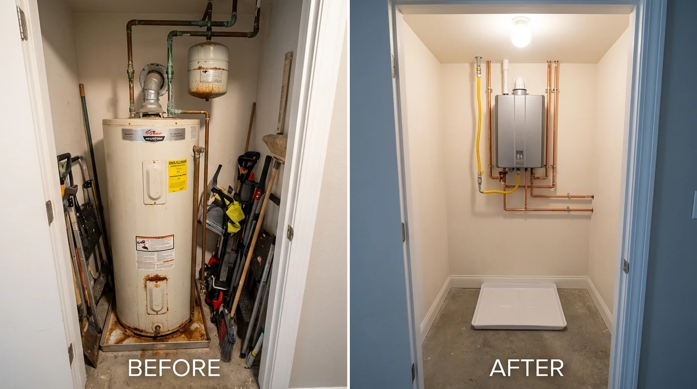 Tank water heater versus wall-mounted tankless unit comparison for Gibson City, IL homeowners