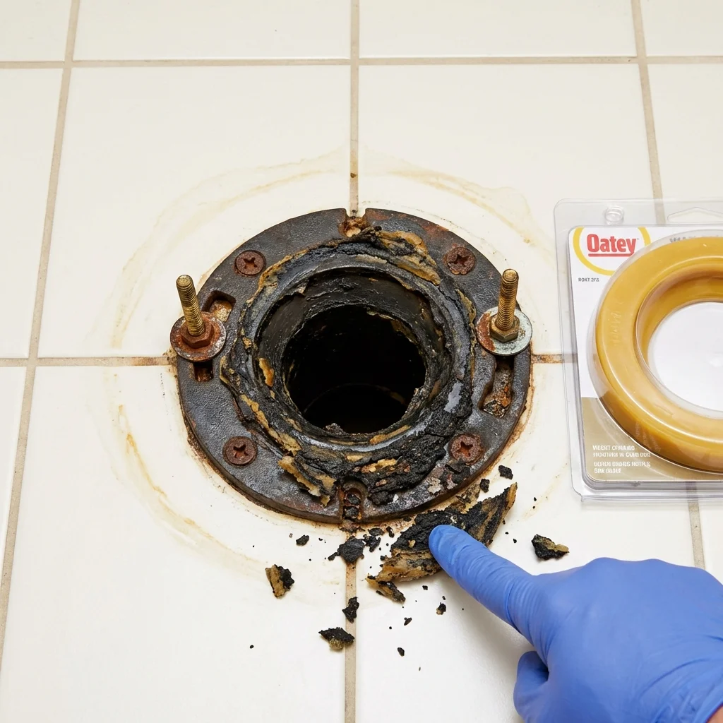 Failed wax ring showing water seepage at the base of a toilet in a Gibson City, IL home