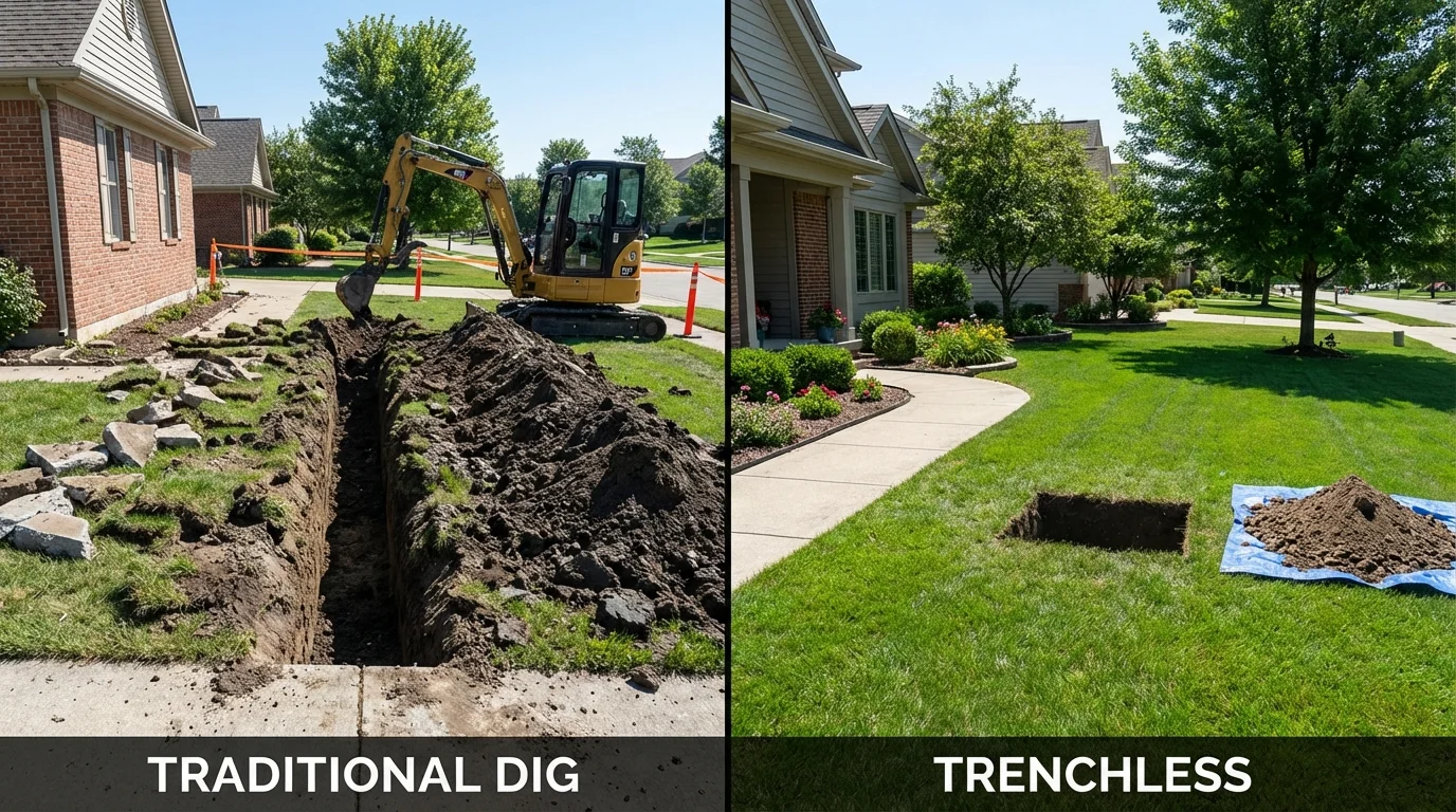Trenchless sewer repair with minimal yard damage versus traditional excavation in Gibson City, IL