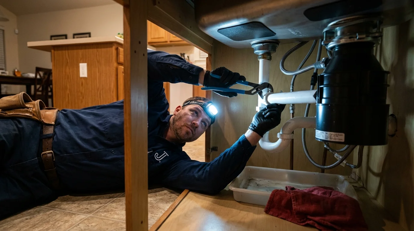 P-trap and supply line connections under a kitchen sink showing a common leak point in Gibson City, IL